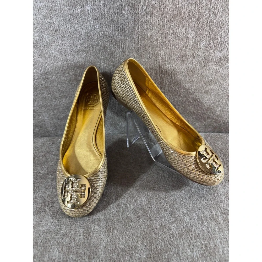 Tory Burch Reva Ballet Flats Womens 7M Gold Woven Raffia Logo Medallion Preppy